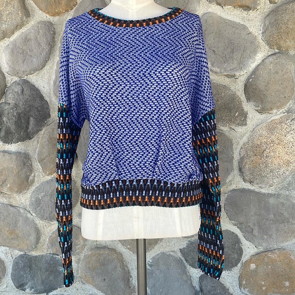 70s style cobalt & white knit sweater with multicolor stripe trim and sleeves